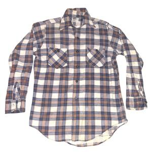 Montgomery Ward Vintage 70's Mens Sm Plaid Flannel Shirt Blue Brown Long Sleeve